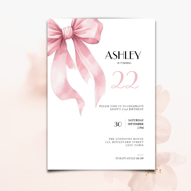 Convite Pink Bow 22nd Birthday Invitation for Girls (Pink bow coquette 22nd birthday invitation for girls and woman
)