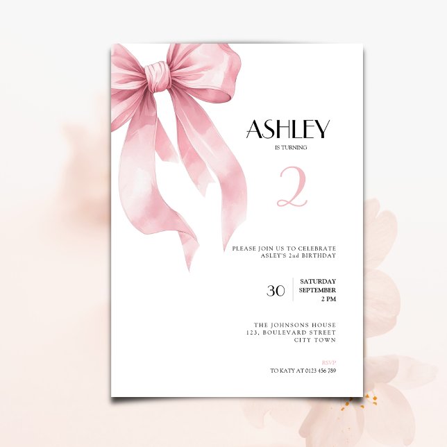Convite Pink Bow 2nd Birthday Invitation for Girls (Pink bow coquette ribbon 2nd birthday invitation for girls.)
