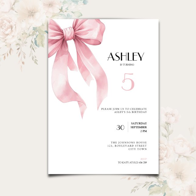 Convite Pink Bow 5th Birthday Invitation for Girls (Pink bow coquette ribbon 5th birthday invitation for girls.)