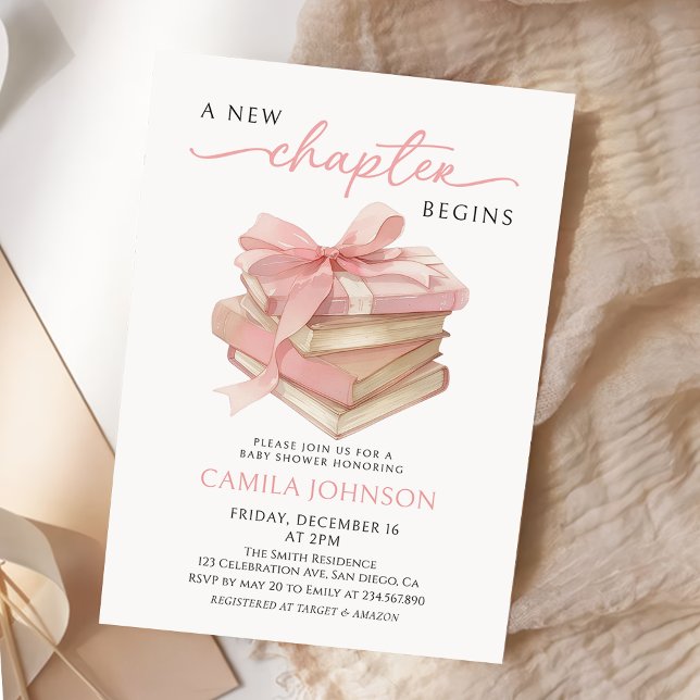 Convite Pink Bow A New Chapter Books Baby Shower (Criador carregado)