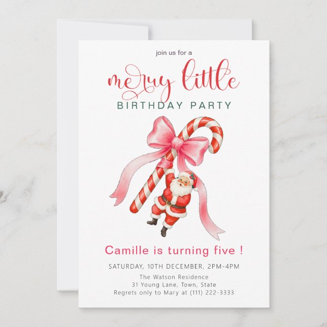 Convite  Pink bow and candy Santa Holiday Birthday (Frente)