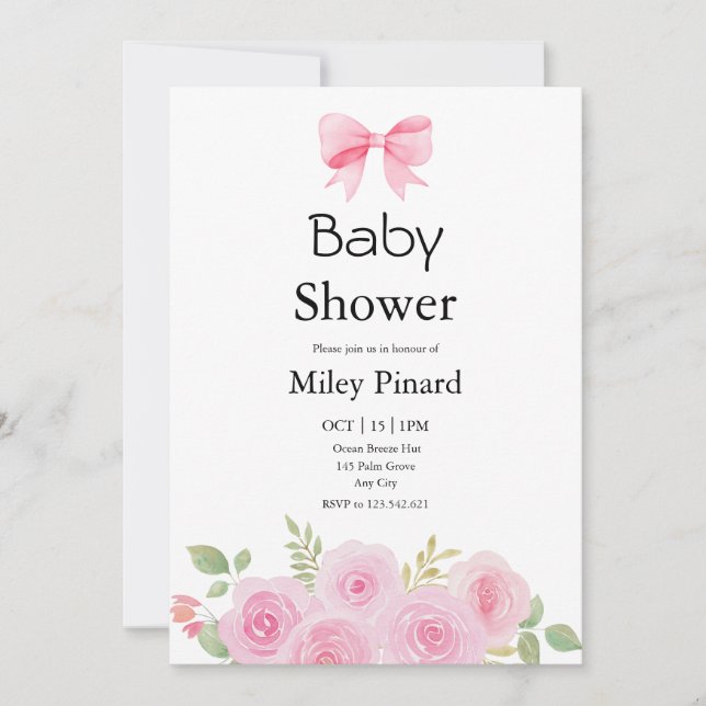 Convite Pink Bow and Floral Baby Shower Invitation (Frente)
