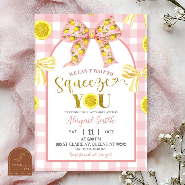 Convite Pink Bow and Yellow Lemon Baby Shower Invitation (Criador carregado)