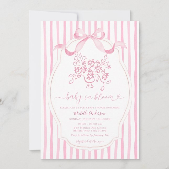 Convite Pink Bow Baby in Bloom Baby Shower Invitation (Frente)