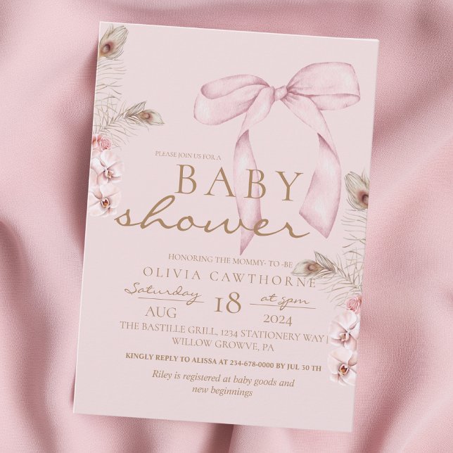Convite Pink Bow Baby Shower Blush Pink (Criador carregado)