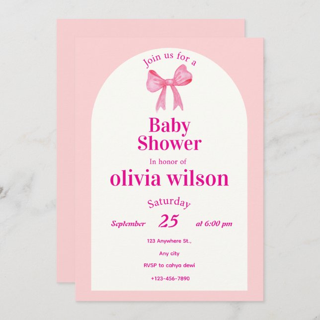 Convite Pink Bow Baby Shower.elegant baby shower. (Frente/Verso)