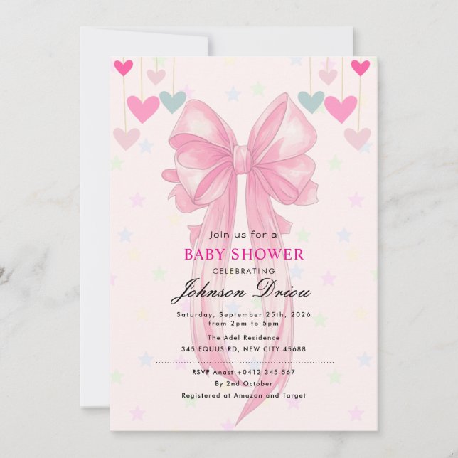 Convite Pink Bow Baby Shower | Elegant Watercolr (Frente)