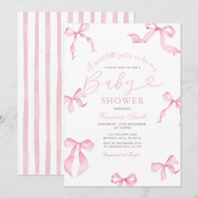 Convite Pink Bow Baby Shower Invitation (Frente/Verso)