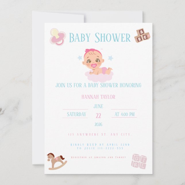 Convite Pink Bow Baby Shower Invitation Customizable (Frente)