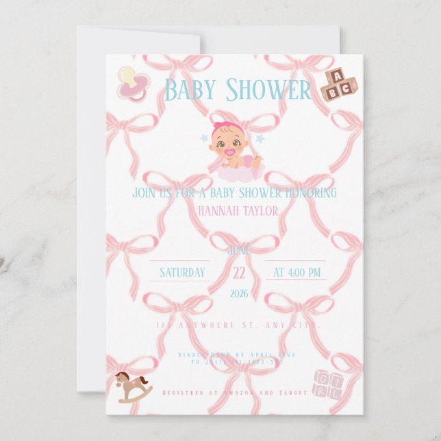 Convite Pink Bow Baby Shower Invitation Customizable (Frente)
