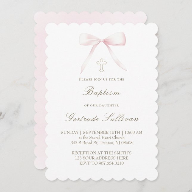 Convite pink bow | Baptism girl (Frente/Verso)