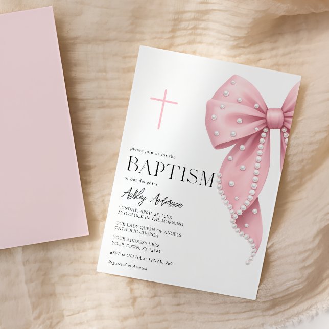 Convite Pink Bow Baptism Girl Invitation (Criador carregado)