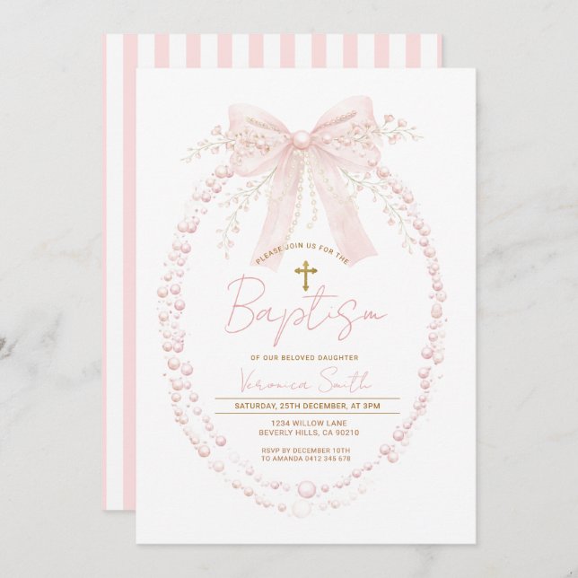 Convite Pink Bow Baptism Watercolor Girl Christening (Frente/Verso)