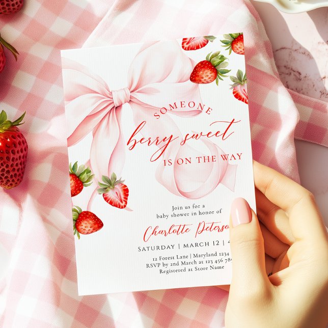 Convite Pink Bow Berry Sweet Baby Shower Invitation (Criador carregado)