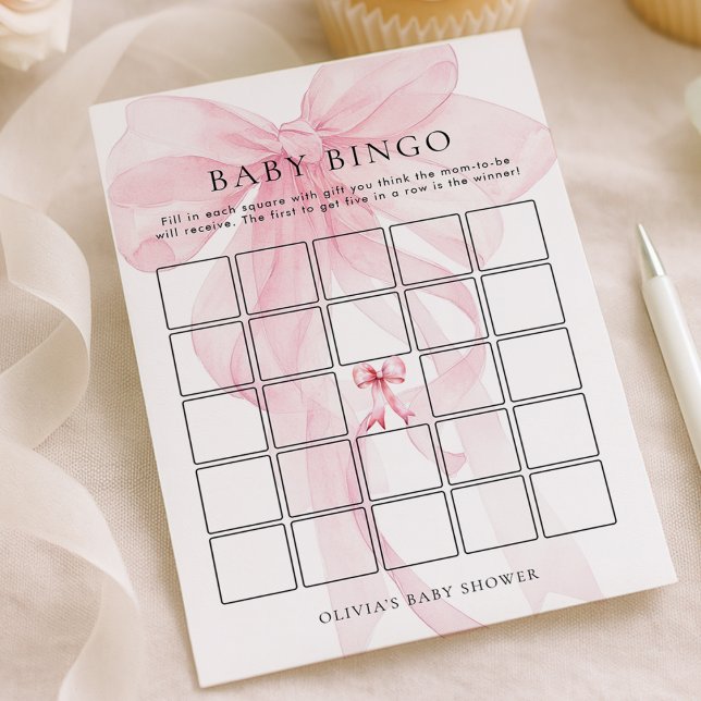 Convite Pink Bow Bingo Baby Shower Game Card (Criador carregado)