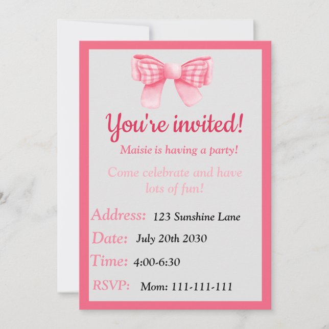 Convite Pink Bow Birthday Invitation (Frente)