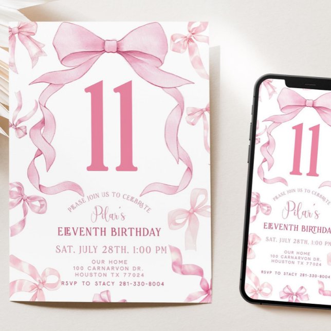 Convite Pink Bow Birthday Invite, Girls 11th Birthday Invi (Criador carregado)