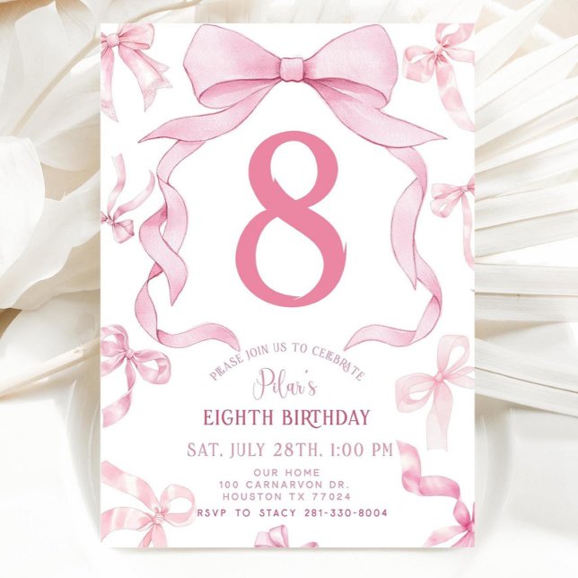 Convite Pink Bow Birthday Invite, Girls 8th Birthday Invit (Criador carregado)