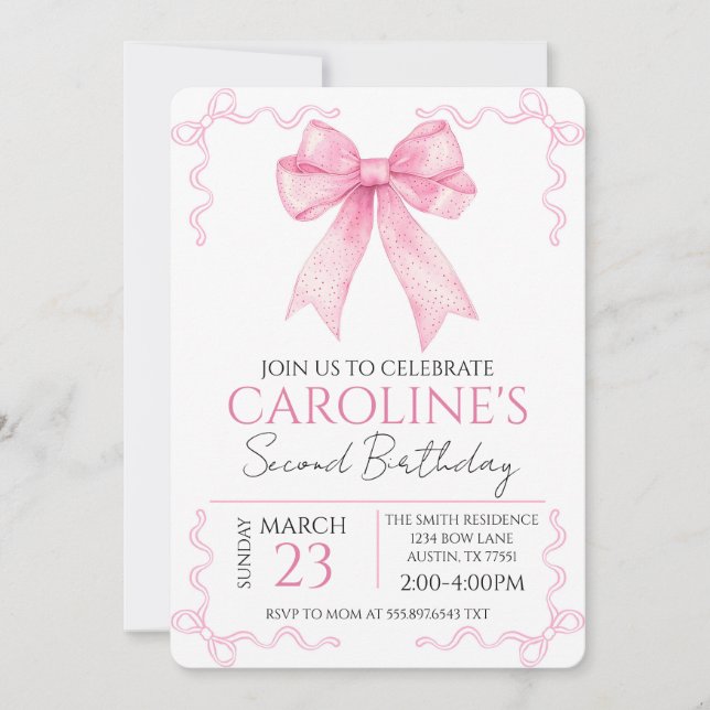 Convite Pink Bow Birthday Watercolor (Frente)