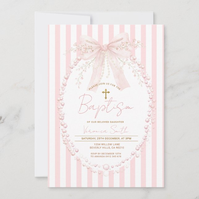 Convite Pink Bow Blush Cross Stripes Baptism Invitation (Frente)