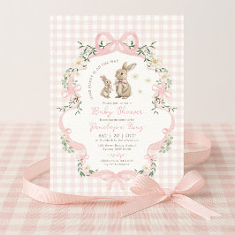 Convite Pink Bow Bunny Gingham Floral Girl Baby Shower