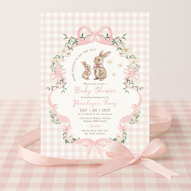 Convite Pink Bow Bunny Gingham Floral Girl Baby Shower (Criador carregado)