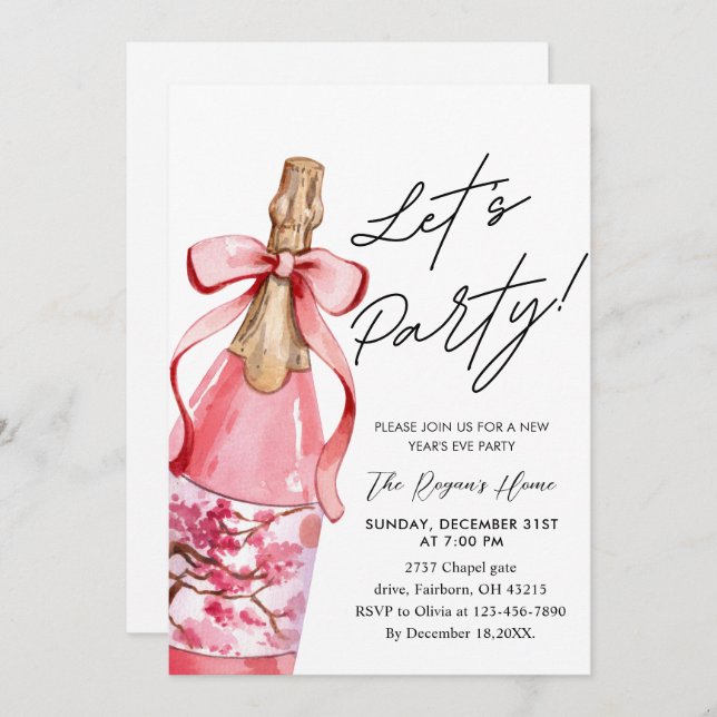 Convite Pink Bow Champagne Bottle New Year's Eve Party (Frente/Verso)