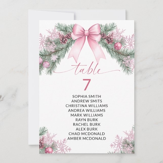 Convite Pink Bow Christmas Table Number Seating Chart (Frente)
