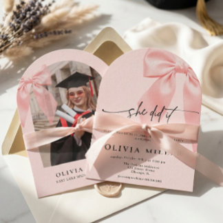 Convite Pink Bow Coquette Arched Photo Graduation Party