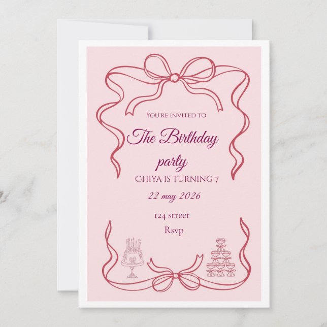 Convite Pink Bow Coquette Birthday Party Invitation (Frente)