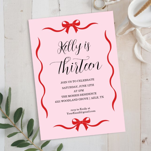 Convite Pink Bow Coquette Bow Birthday Invitation, 13th (Criador carregado)