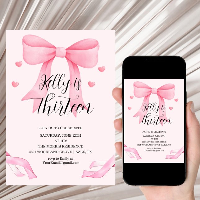 Convite Pink Bow Coquette Bow Birthday Invitation, 13th (Criador carregado)