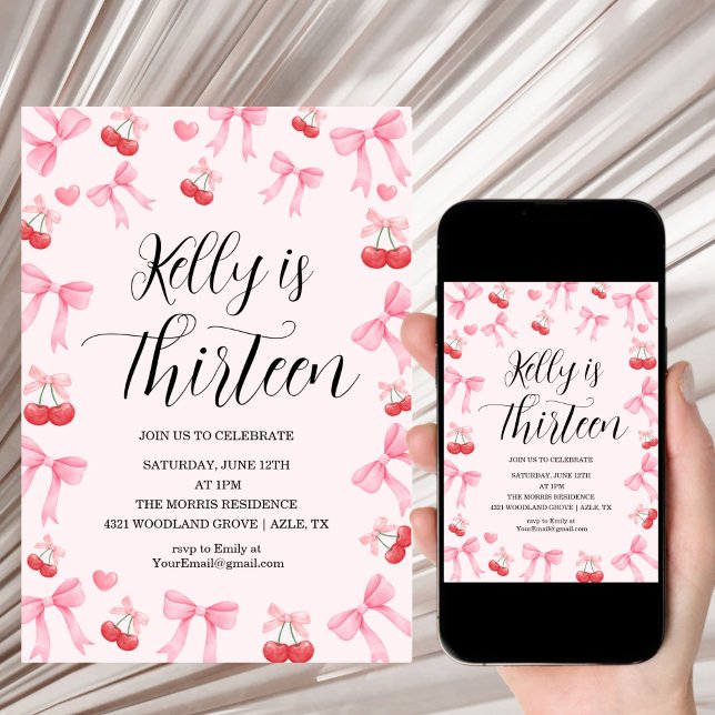 Convite Pink Bow Coquette Bow Cherry Birthday, 13th (Criador carregado)