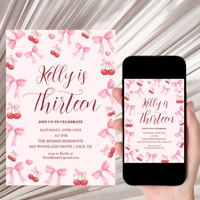 Convite Pink Bow Coquette Bow Cherry Birthday, 13th (Criador carregado)