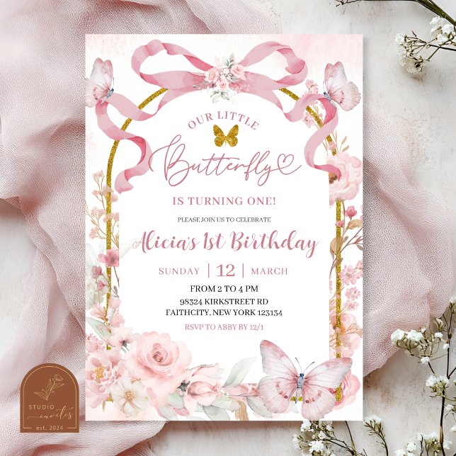 Convite Pink Bow Coquette Butterfly 1st Birthday Invitatio (Criador carregado)