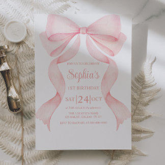Convite Pink Bow Coquette First Birthday Invitation