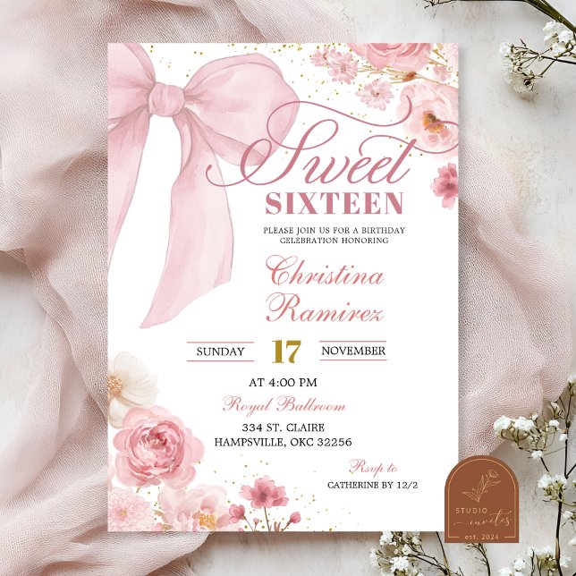 Convite Pink Bow Coquette floral Sweet Sixteen (Criador carregado)