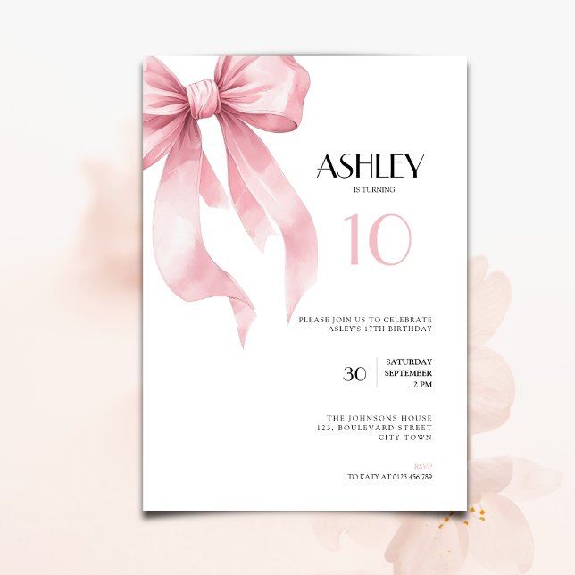 Convite Pink Bow Coquette for Girls 10th Birthday (Criador carregado)