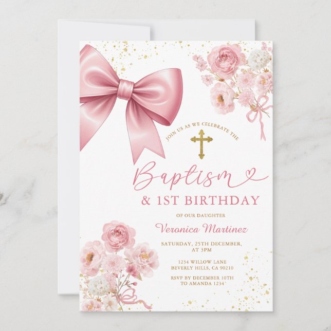 Convite Pink Bow Coquette Girl Baptism and Birthday Floral (Frente)
