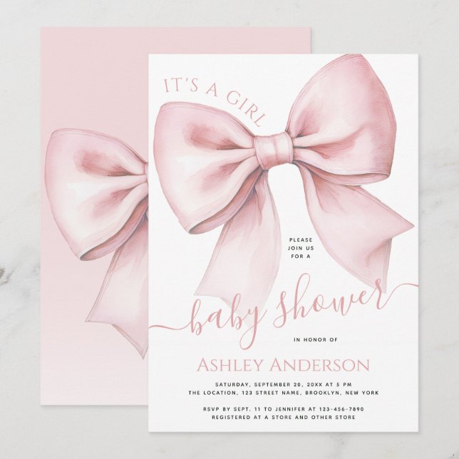 Convite Pink Bow Coquette It's a Girl Baby Shower (Frente/Verso)