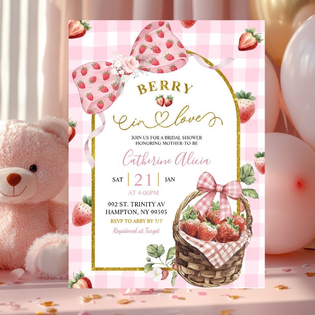 Convite Pink Bow Coquette Strawberry Gingham Bridal Shower (Criador carregado)