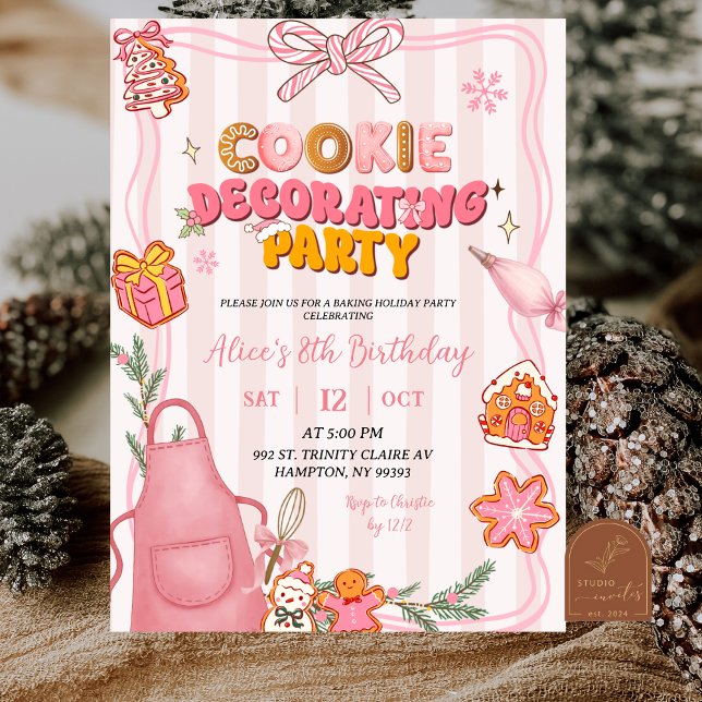 Convite Pink Bow Cute Retro Cookie Decorating Party (Criador carregado)
