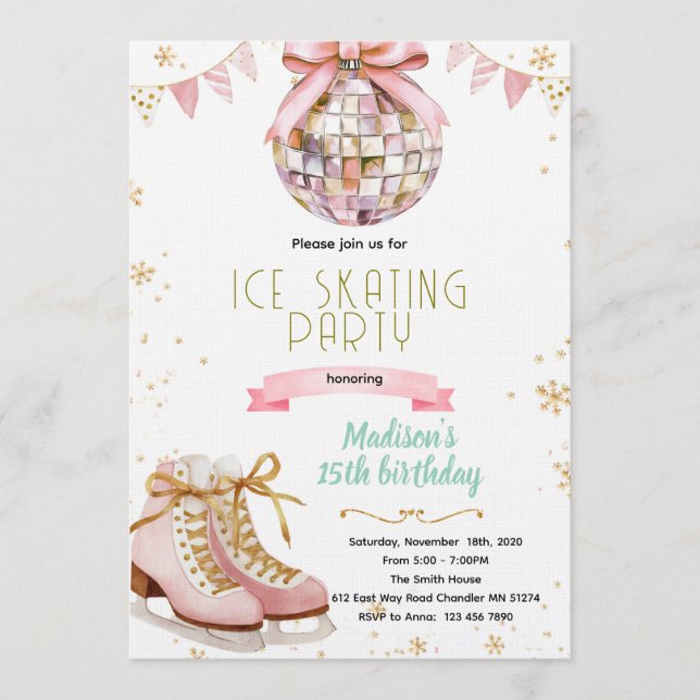 Convite Pink bow disco ice skating party invitation (Frente)