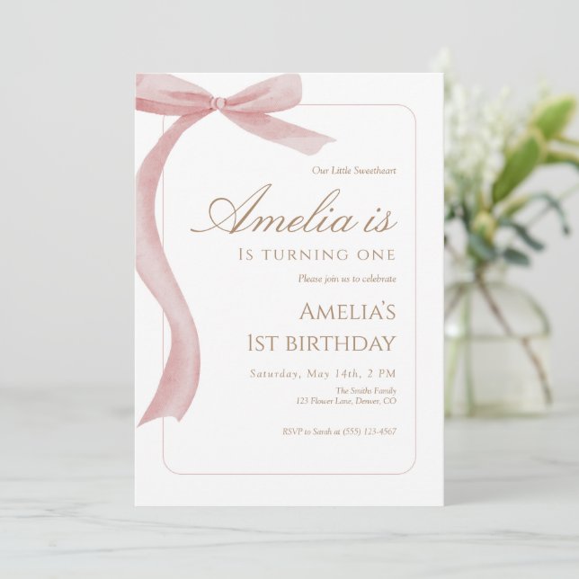 Convite Pink Bow First Birthday Invitation Watercolor  (Em pé/Frente)