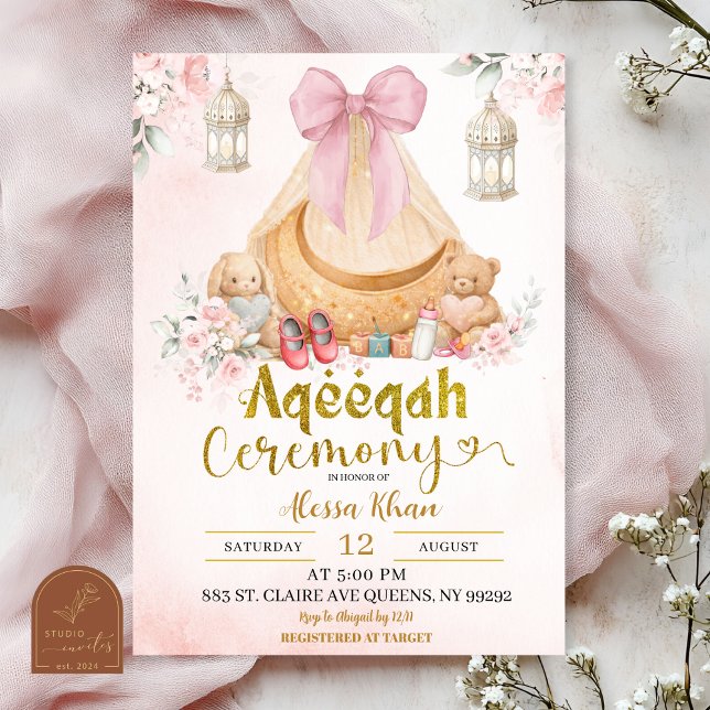 Convite Pink Bow Floral Aqeeqah Girl Invitation (Criador carregado)