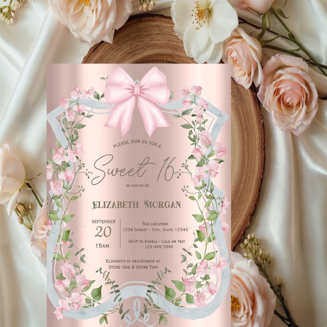 Convite Pink Bow Floral Frame Rose Gold Sweet 16  (Criador carregado)