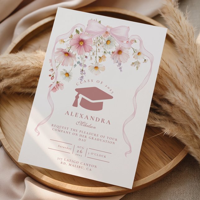 Convite Pink Bow Floral Graduation (Criador carregado)