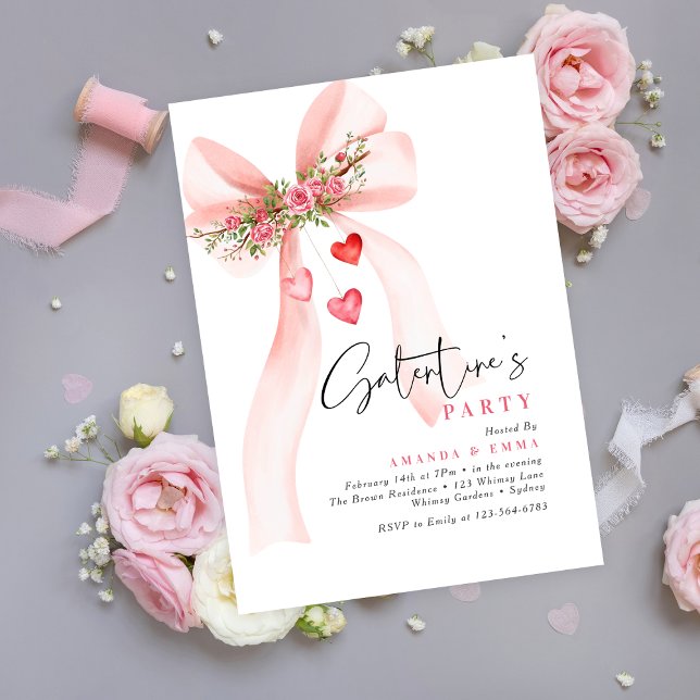 Convite Pink bow floral hearts gal pals Valentine's  (Criador carregado)