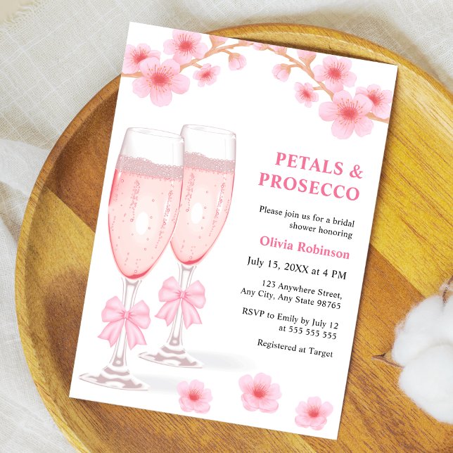 Convite Pink Bow Floral Petals and Prosecco Bridal Shower  (Pink Bow Floral Petals and Prosecco Bridal Shower Invitation )