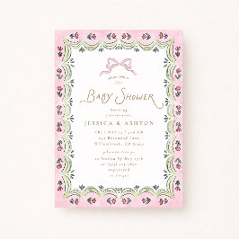 Convite Pink Bow Floral Scalloped Frame Baby Shower 